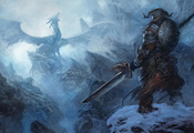доспехи, воин, дракон, The elder scrolls, skyrim, снег, горы