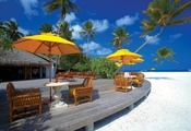 облака, стулья, Мальдивские острова, архитектура, пляж