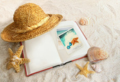 ракушки, шляпа, Книга, морские звёзды, песок