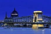 Hungary, Budapest, Chain Bridge, tower, Parliament, River, Danube, Blue Hou ...