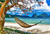 sky, grass, hammock, summer, clouds, ocean, Exotic, beach, sea, landscape,  ...