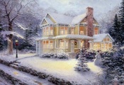 снег, дом, деревья, елка, снеговик, живопись, Thomas Kinkade, victorian chr ...