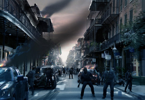 дорога, здания, город, магазины, Left 4 dead 2, машины, зомби, флаги