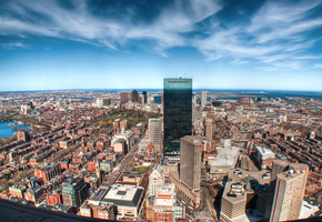 Панорама, небоскребы, вода, небо, дома