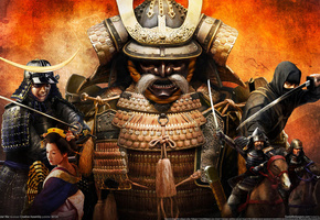 самурай, девушка, обои, Shogun total war, желтый фон, всадник, ниндзя, wide wall, япония, в маске, меч, воины, катана, рога