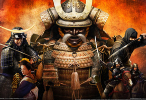 самурай, девушка, обои, Shogun total war, желтый фон, всадник, ниндзя, wide wall, япония, в маске, меч, воины, катана, рога