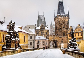 скульптуры, мост, старый город, Прага