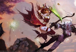 burning crusade, схватка, World of warcraft, эльфийки, ночная эльфийка, лук, кровавая эльфийка, меч