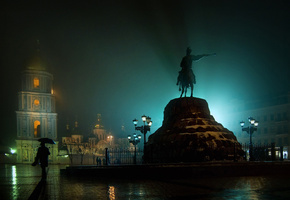ночь, софийский, богдана хмельницкого, площадь, памятник, монастырь, киев, Украина, колокольня