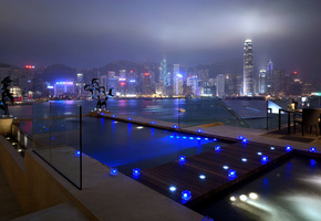 реки, окна, дома, дороги, свет, синий, огни, небоскрёбы, бассейн, ночь, Города