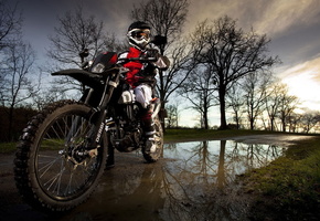 дорога, Мотоцикл, природа, лужа