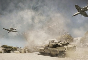 дым, война, танк, самолёты, Bad company 2, пустыня, взрыв