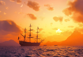 небо, море, Корабль, лодки