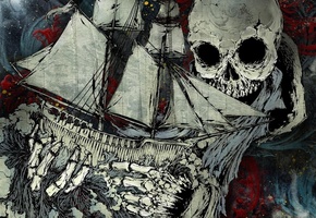 Корабль, картина, череп, скилет