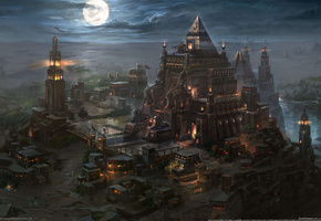 ночь, пирамиды, Kingdom under fire, маяк, луна, мавзолей, пустыня, арт, город