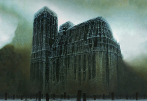 кладбище, Здислав бексиньский, сюрреализм, постапокалиптика, мрак, собор, плиты, надгробные, из костей, zdislav beksinski