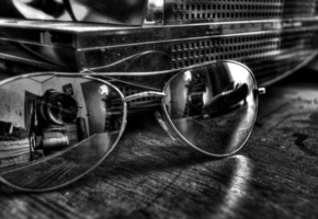 объектив, отражение, чёрнобелый, камера, Стол, очки