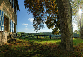 свет, утро, дома, деревья, настроение, дерево, Природа, скамейка, скамейки, трава, лавочка, лавочки