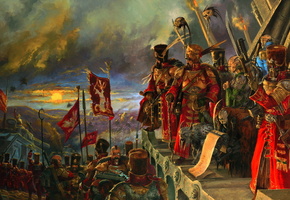генералы, войско, горизонт, знамёна, бойцы, небо, Warhammer 40k
