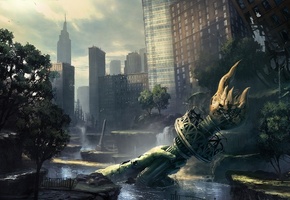 дома, руины, арт, город, The crysis 2, факел, рука, парк