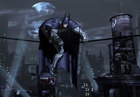 Batman, луна, огни, плащ, готем сити, ночь, маска, город, супергерой