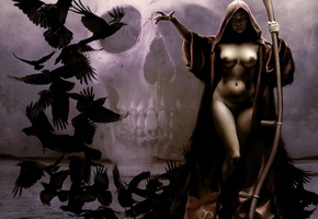 смерть, коса, вороны, череп, балахон, Девушка