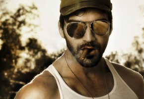 майка, белая, суровый, парень, очки, военный, сигара, Military man