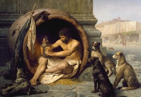 бочка, мыслитель, сосуд для вина, пифос, бродяга, man, пес, палка, улица, мудрец, посох, не загораживай мне солнце, картина, диоген, ищу человека, собака, painting, dog, фонарь, Diogen, нищий философ, свет, аскет