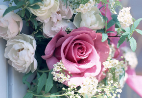 пионы, листья, цветы, зелень, Букет, роза