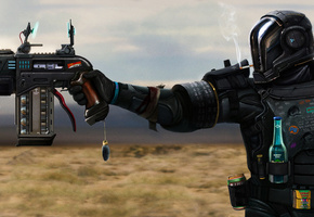 броня, банка, наемник, бутылка, меч, на удачу, Солдат, пистолет, сигарета, шлем, кроличий, хвостик, курит, пустыня