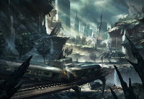 руины, город, вагоны, арт, The crysis 2, рельсы, поезд