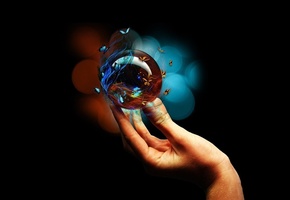 стеклянный, фон, бабочки, шар, рука, Чёрный