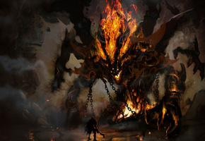 цепи, пещера, Воин, огонь, рога, демон