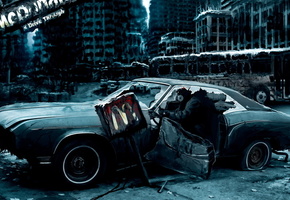 вывеска, человек, город, апокалипсис, Машина, противогаз