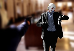 стиль, batman, время, тёмный рыцарь, бэтмэн, кино, рисунок, пистолет, клоун, Джокер, часы, маска, dark knight