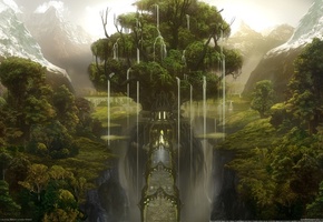 горы, ущелье, замок, дерево, мост, Лес