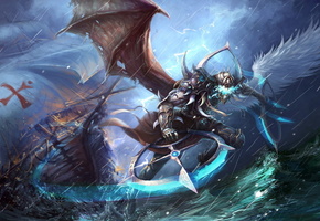 существо, гроза, Zhu li, море, шторм, полу-демон, фантастическое, молния, крылья, полу-ангел, волны