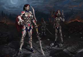 night, cap, рисунок, red hair, Warhammer, череп, эльдары, капитан, moon, howling banshee, поле битвы, тени, рыжие волосы, трупы, blade, луна, ночь, доспехи, клинок