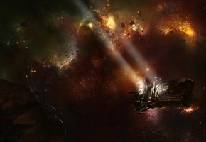 лучи, астероиды, звезды, Космос, корабль