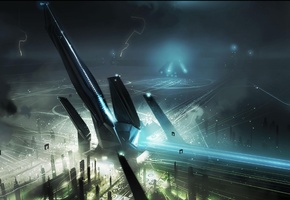 корабли, здания, Tron, дорога, неон, город