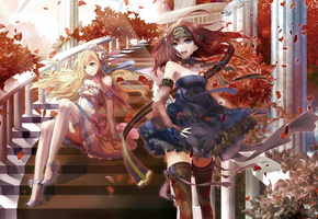 колонны, Девушки, листья, осень, ленты, лестница