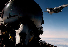 Пилот, авиа, в небе, шлем, отражение, истребитель