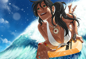 волны, серфинг, доска, Аниме, девушка, море