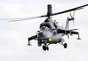 летит, вертолёт, боевой, Ми-24