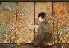 птицы, цветы, иероглифы, кимоно, парень, Аниме, терадь