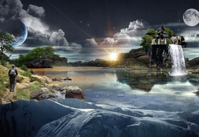 слон, Вода, река, человек, дом, водопад, остров