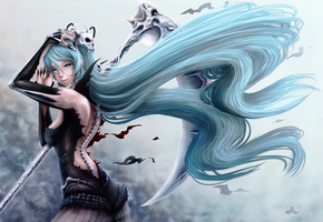 hatsune miku, зеленые волосы, Вокалоид, коса, улыбка, череп