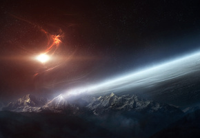 горы, атмосфера, облака, Планета, поверхность, звезды