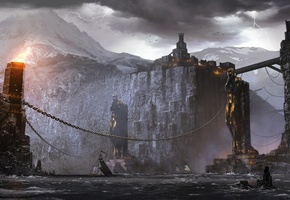 dragon age 2, горы, гроза, молнии, город, огни, Киркволл