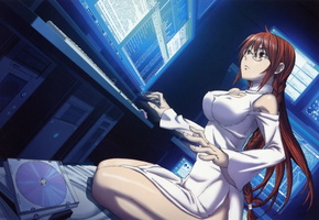 Sekirei, очки, девушка, компьютер, рыжая